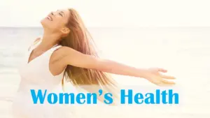 woman free from cervical cancer looking happy and women's health written in sky blue color on the front